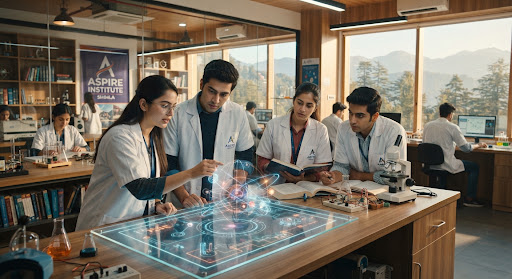 Aspire faculty guiding students through a hands-on physics experiment in the Shimla campus lab