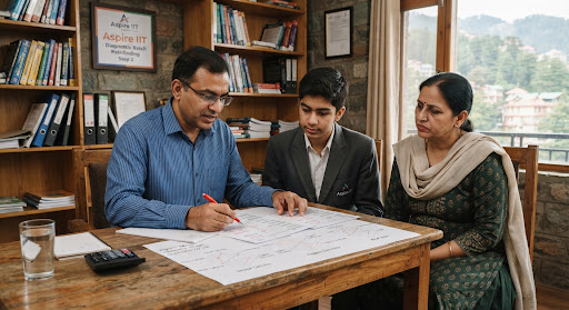 Aspire mentor reviewing a diagnostic worksheet with a student and his mother