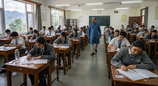 Students writing the BOH OMR paper in Shimla Campus Hall A under faculty invigilation