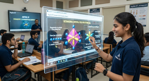 Student interacting with crystal field theory diagram on a smartboard