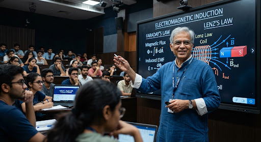 Physics faculty explaining electromagnetic induction on a smartboard