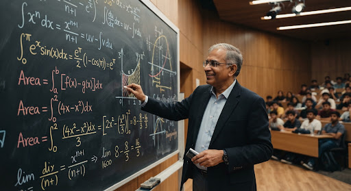 Mathematics faculty solving definite integrals on a blackboard