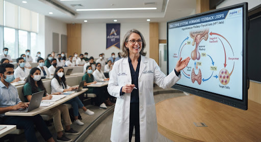 Biology faculty explaining hormonal feedback loops on a smart display
